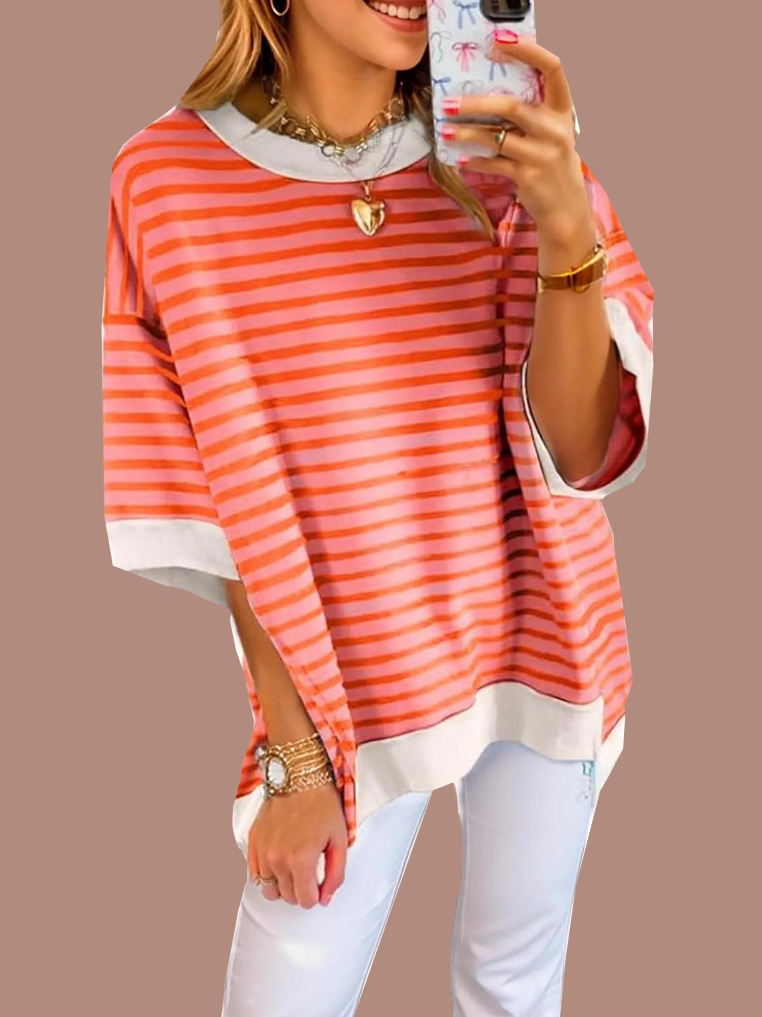 6-481 Women's Oversized Striped Color Block Half Sleeve Tops (Buy 2 Free Shipping) - Image 1