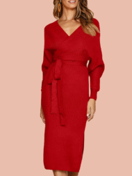 Women's Wrap V Neck Slit Sweater Dresses (Buy 2 Free Shipping) - Image 2