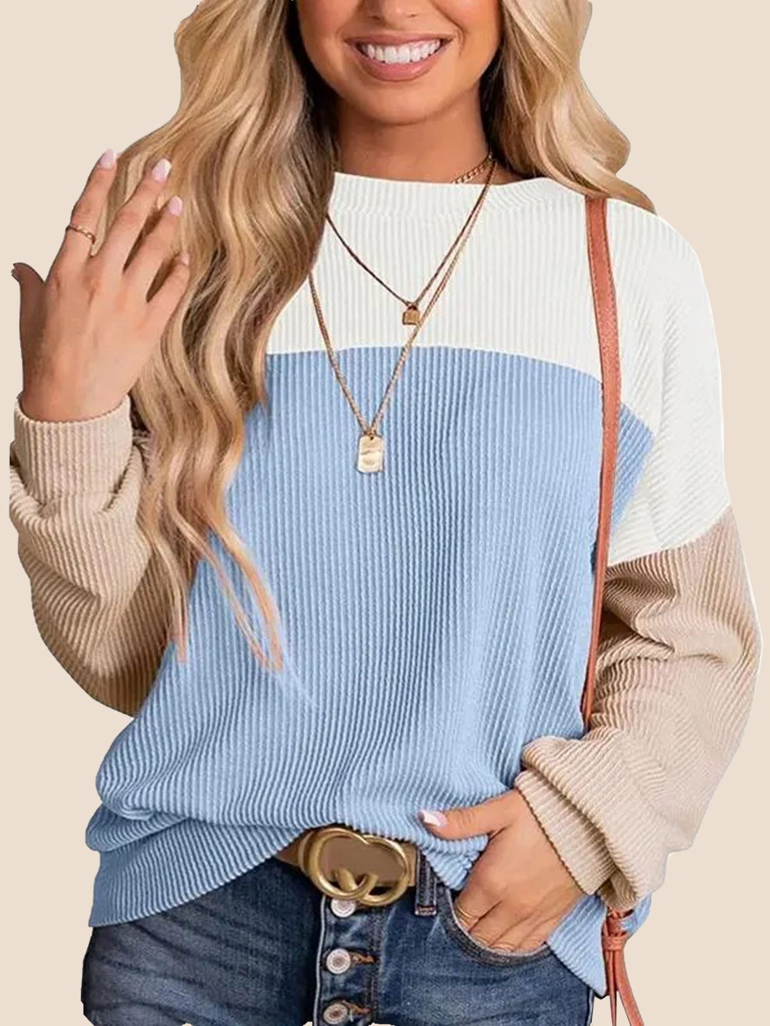 7-306 Women's Crewneck Color Block Ribbed Tops (Buy 2 Free Shipping) - Image 1