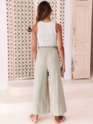 Women's High Waist Drawstring Wide Leg Linen Pants - Image 3