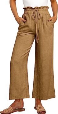 Women's High Waist Drawstring Wide Leg Linen Pants - Image 9
