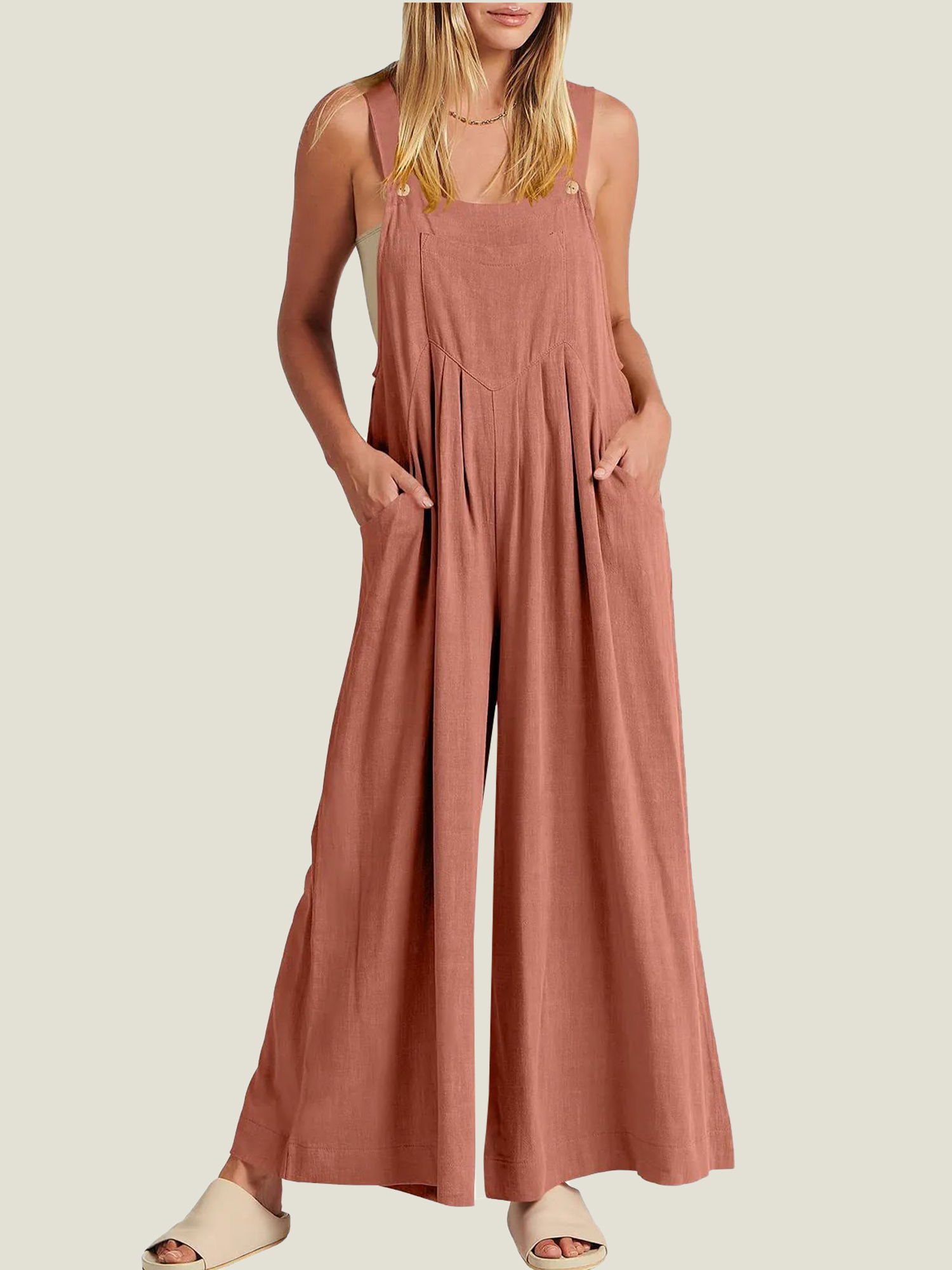 9-162 Sleeveless Wide Leg Jumpsuit with Pockets (Buy 2 Free Shipping) - Image 1