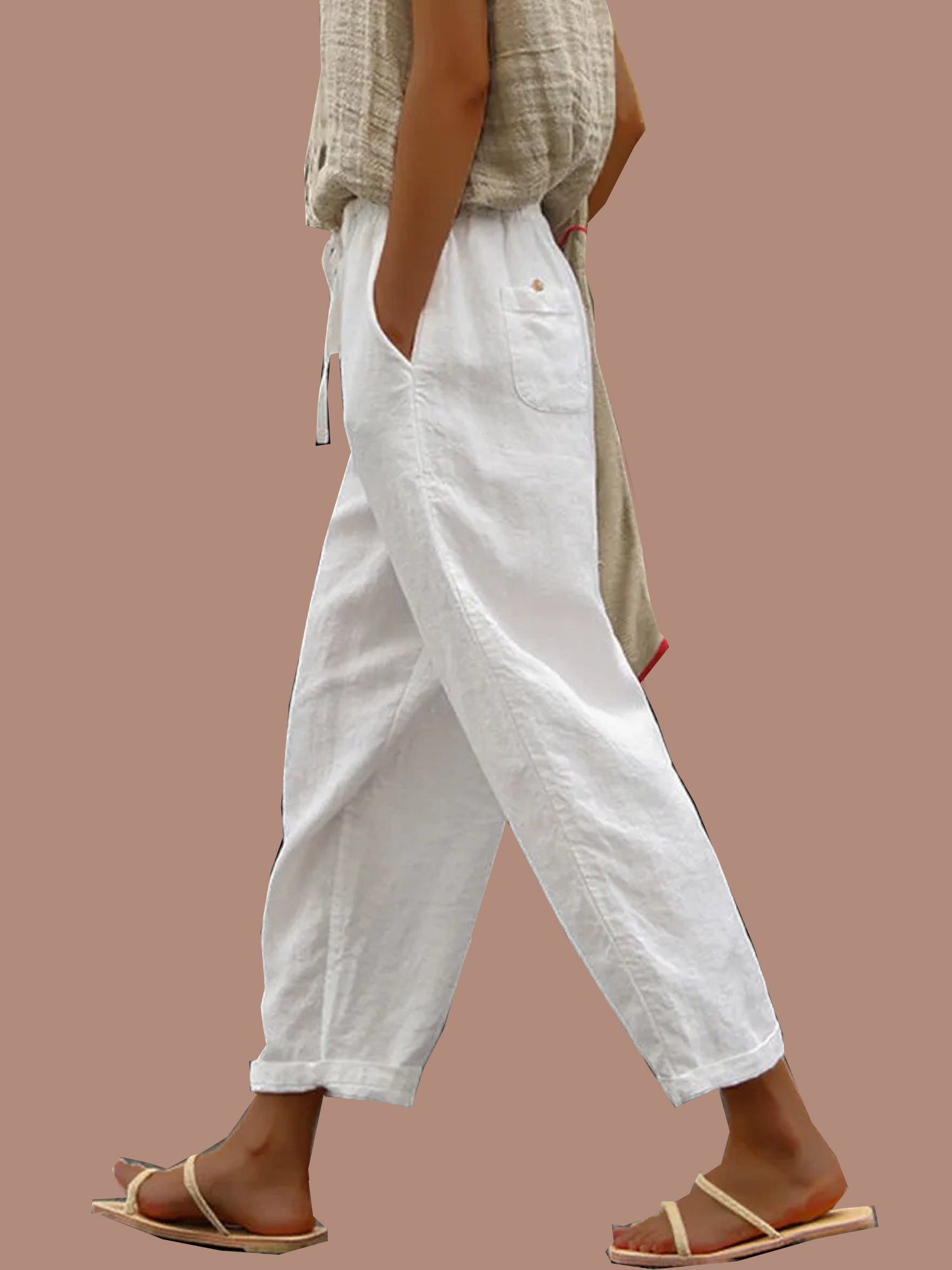 9-170 Women's Pure Color Elegant Casual Cotton Pants - Image 1