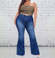 Ladies Flared High Waist Denim Button Stretch Trousers - Image 4