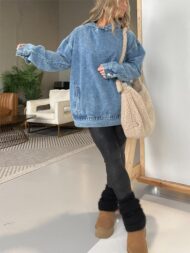 Denim Hooded Sweatshirt with Front Pockets (Buy 2 Free Shipping) - Image 3