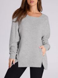 Women's High Low Side Slit Pullover Sweatshirt With Pockets (Buy 2 Free Shipping) - Image 5