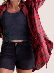 Women's Mineral Washed Button Down Plaid Flannel Shirt (Buy 2 Free Shipping) - Image 3