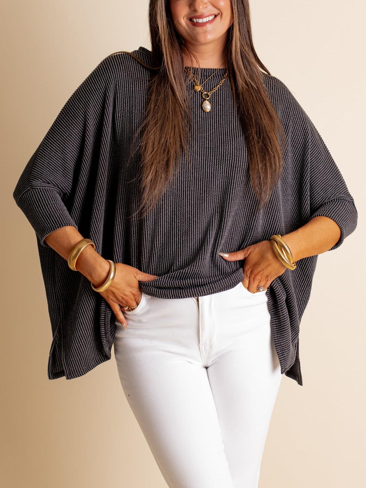 NM-14505 Women's Oversized Half Sleeve Ribbed Top (Buy 2 Free Shipping) - Image 1
