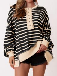 Women's Oversized Striped Button Up Henley Neck Waffle Knit Pullover (Buy 2 Free Shipping) - Image 18