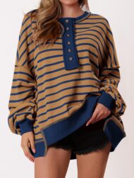 Women's Oversized Striped Button Up Henley Neck Waffle Knit Pullover (Buy 2 Free Shipping) - Image 12