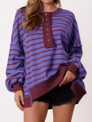 Women's Oversized Striped Button Up Henley Neck Waffle Knit Pullover (Buy 2 Free Shipping) - Image 6