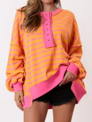 Women's Oversized Striped Button Up Henley Neck Waffle Knit Pullover (Buy 2 Free Shipping) - Image 9