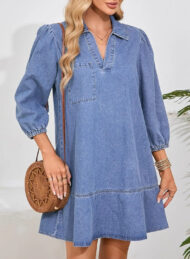 Women's V-Neck Puff Sleeve Denim Layered Dress (Buy 2 Free Shipping) - Image 3