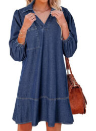 Women's V-Neck Puff Sleeve Denim Layered Dress (Buy 2 Free Shipping) - Image 5