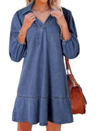 Women's V-Neck Puff Sleeve Denim Layered Dress (Buy 2 Free Shipping) - Image 7