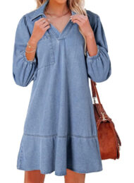 Women's V-Neck Puff Sleeve Denim Layered Dress (Buy 2 Free Shipping) - Image 6