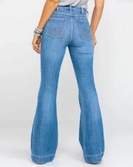 Ladies Flared High Waist Denim Button Stretch Trousers - Image 7