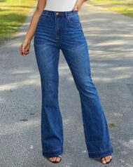 Ladies Flared High Waist Denim Button Stretch Trousers - Image 3