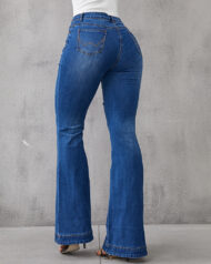 Ladies Flared High Waist Denim Button Stretch Trousers - Image 22