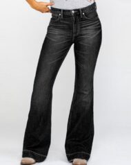 Ladies Flared High Waist Denim Button Stretch Trousers - Image 12