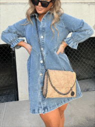 Button Denim Bubble Sleeve Dress (Buy 2 Free Shipping) - Image 5