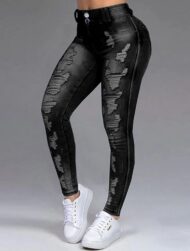 Double-button Ripped Skinny Stretch Jeans - Image 3