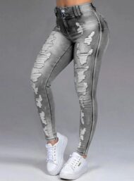 Double-button Ripped Skinny Stretch Jeans - Image 4