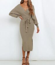 Women's Wrap V Neck Slit Sweater Dresses (Buy 2 Free Shipping) - Image 11
