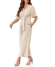 Women's V Neck Tie Knot Front Wide Leg Jumpsuits (Buy 2 Free Shipping) - Image 3